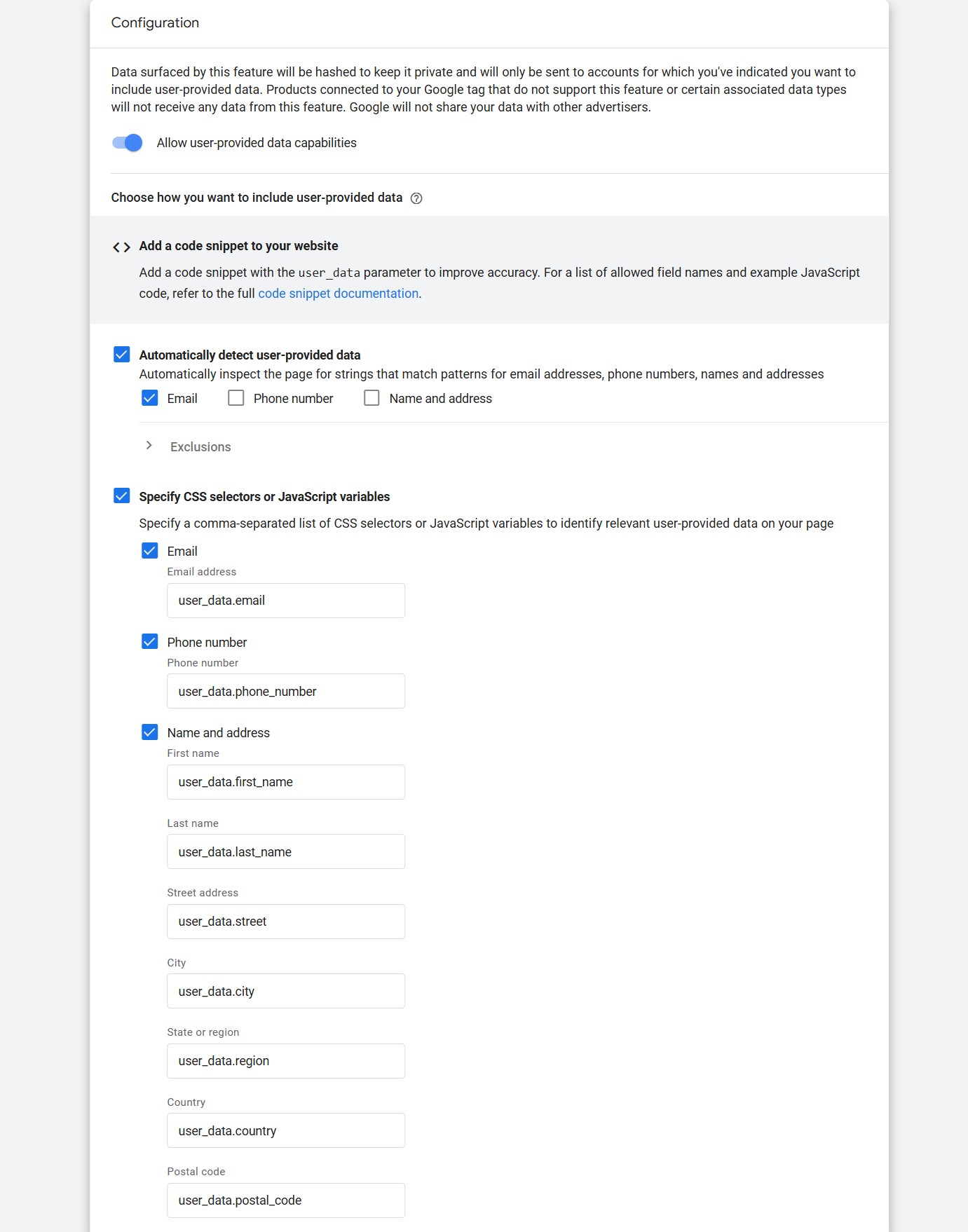 Specify user_data CSS selectors